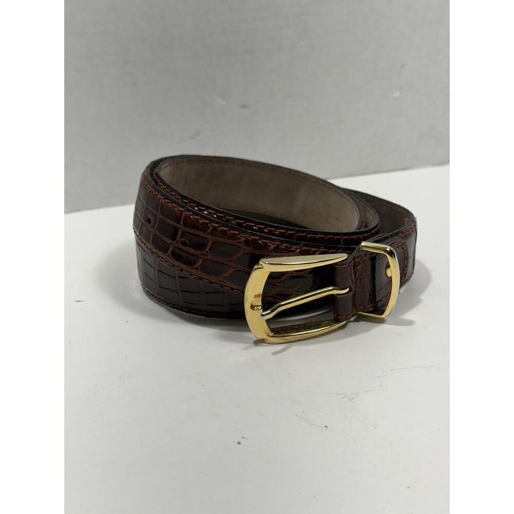 DAVANZATI Brown Burgundy Genuine ALLIGATOR Solid‎ Brass BUCKLE BELT sz 44 ITALY